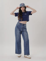 กางเกงยีนส์ผู้หญิง คอลเลคชั่น EVERYDAY WITH WRANGLER BOYFRIEND FIT เอวสูง ทรงหลวม สียีนส์กลาง