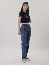 กางเกงยีนส์ผู้หญิง คอลเลคชั่น EVERYDAY WITH WRANGLER SUNSET FIT เอวกลาง ทรงตรง สียีนส์กลาง