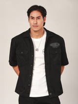 เสื้อเชิ้ตแขนสั้นผู้ชาย คอลเลคชั่น BIKER LOOK RELAXED FIT สีดำ