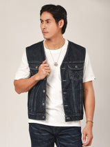 REGULAR FIT BIKER LOOK COLLECTION MEN'S DENIM VEST MID INDIGO