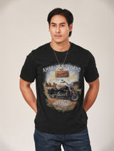 เสื้อยืดแขนสั้นผู้ชาย คอลเลคชั่น BIKER LOOK ทรงตรง สีดำ