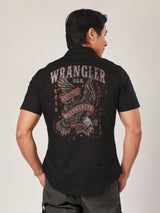 เสื้อเชิ้ตแขนสั้นผู้ชาย คอลเลคชั่น BIKER LOOK SLIM FIT สีดำ