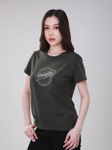 เสื้อยืดแขนสั้นผู้หญิง ทรงตรง สีเขียวมะกอก