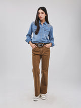 กางเกงยีนส์ผู้หญิง คอลเลคชั่น BEYOND DENIM BOOTCUT FIT เอวสูง ทรงขาม้า สีเบจ