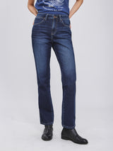 กางเกงยีนส์ผู้หญิง คอลเลคชั่น BEYOND DENIM STRAIGHT FIT เอวสูง ทรงเข้ารูป สียีนส์เข้ม