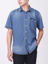 REGULAR FIT MEN'S SHORT SLEEVE DENIM SHIRT MID INDIGO