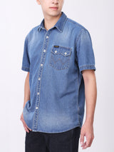 REGULAR FIT MEN'S SHORT SLEEVE DENIM SHIRT MID INDIGO