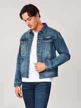 เสื้อแจ็คเก็ตผู้ชาย คอลเลคชั่น BIKER LOOK ทรงตรง สียีนส์กลาง