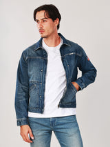 REGULAR FIT BIKER LOOK COLLECTION MEN'S DENIM JACKET MID INDIGO