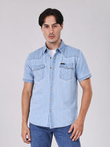 REGULAR FIT BEYOND INDIGO COLLECTION MEN'S SHORT SLEEVE DENIM SHIRT LIGHT INDIGO