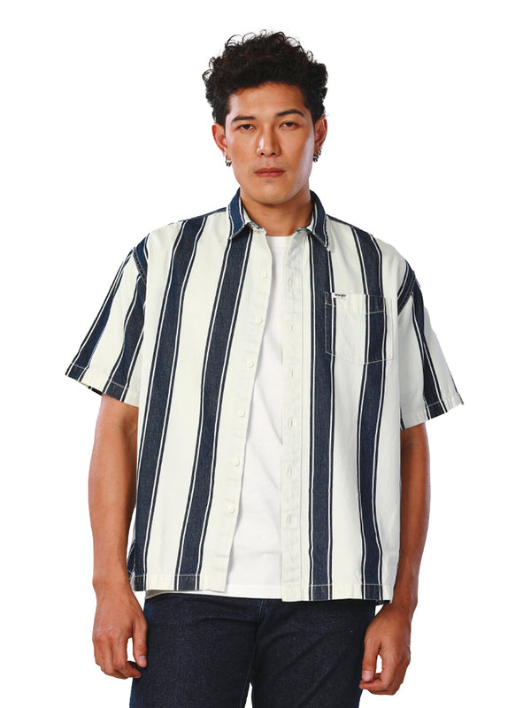 REGULAR FIT EVERYDAY WITH WRANGLER COLLECTION MEN'S SHIRT SHORT SLEEVE BLUE STRIPE