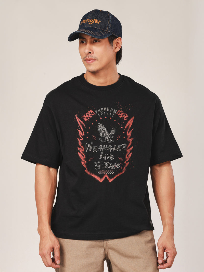 เสื้อยืดแขนสั้นผู้ชาย คอลเลคชั่น BIKER LOOK RELAXED FIT สีดำ