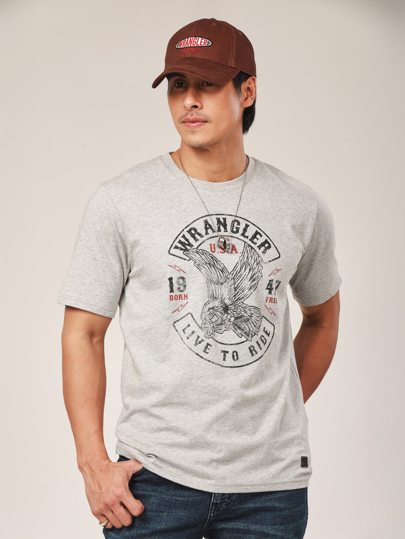 เสื้อยืดแขนสั้นผู้ชาย คอลเลคชั่น BIKER LOOK ทรงตรง สีเทา