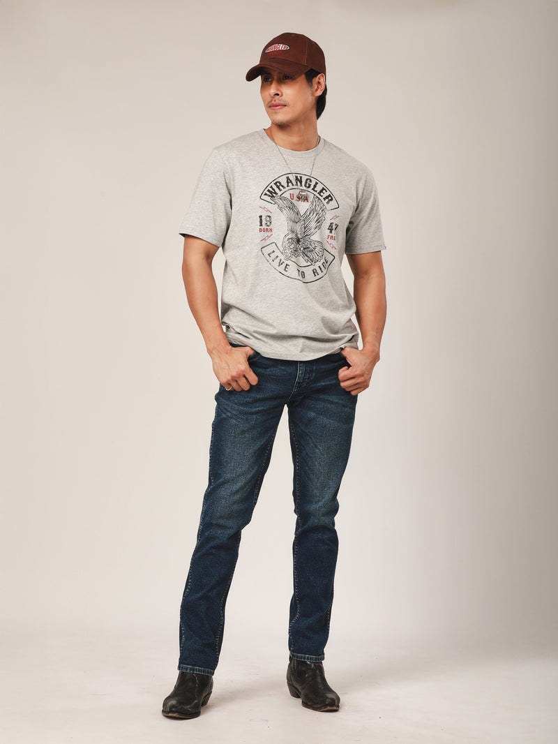 เสื้อยืดแขนสั้นผู้ชาย คอลเลคชั่น BIKER LOOK ทรงตรง สีเทา