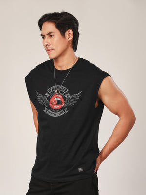 เสื้อยืดแขนกุดผู้ชาย คอลเลคชั่น BIKER LOOK ทรงตรง สีดำ