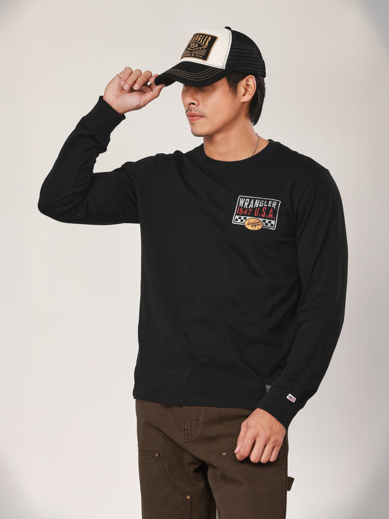 เสื้อยืดแขนยาวผู้ชาย คอลเลคชั่น BIKER LOOK ทรงตรง สีดำ