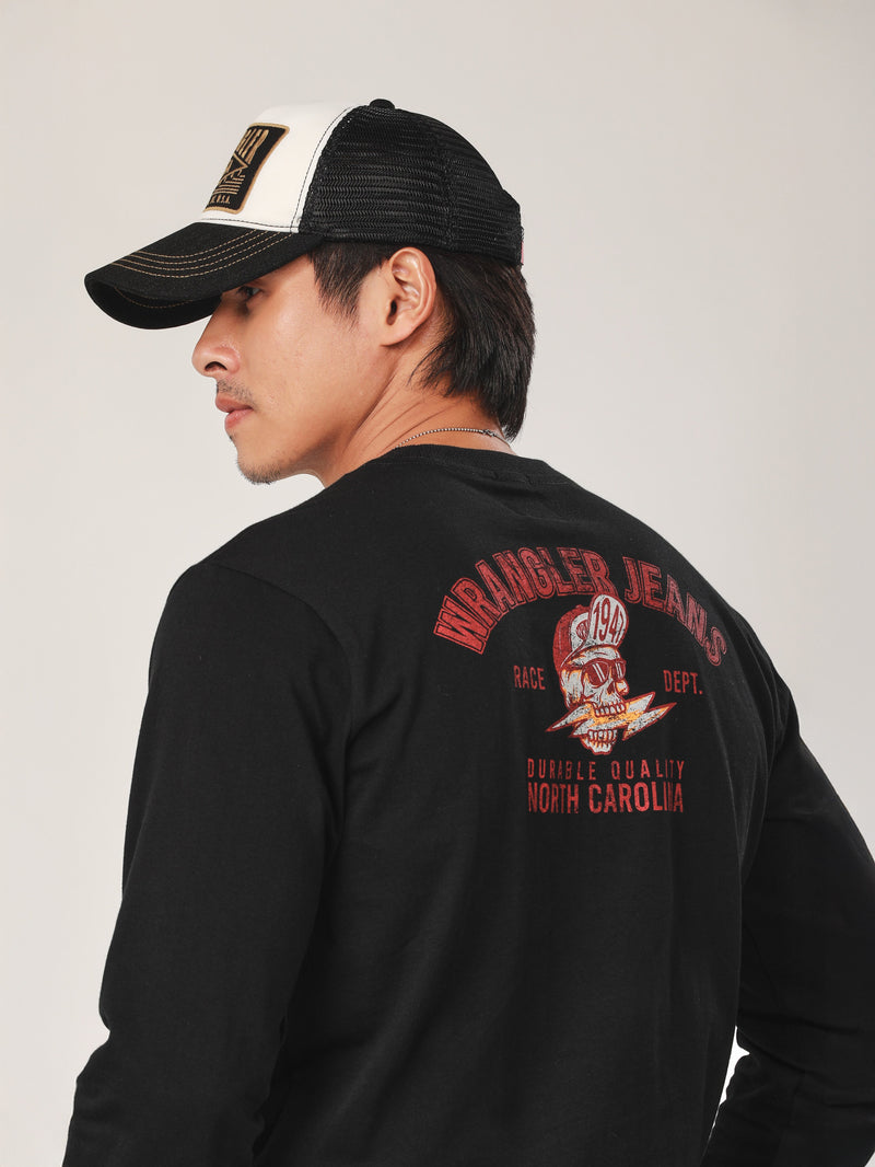 เสื้อยืดแขนยาวผู้ชาย คอลเลคชั่น BIKER LOOK ทรงตรง สีดำ