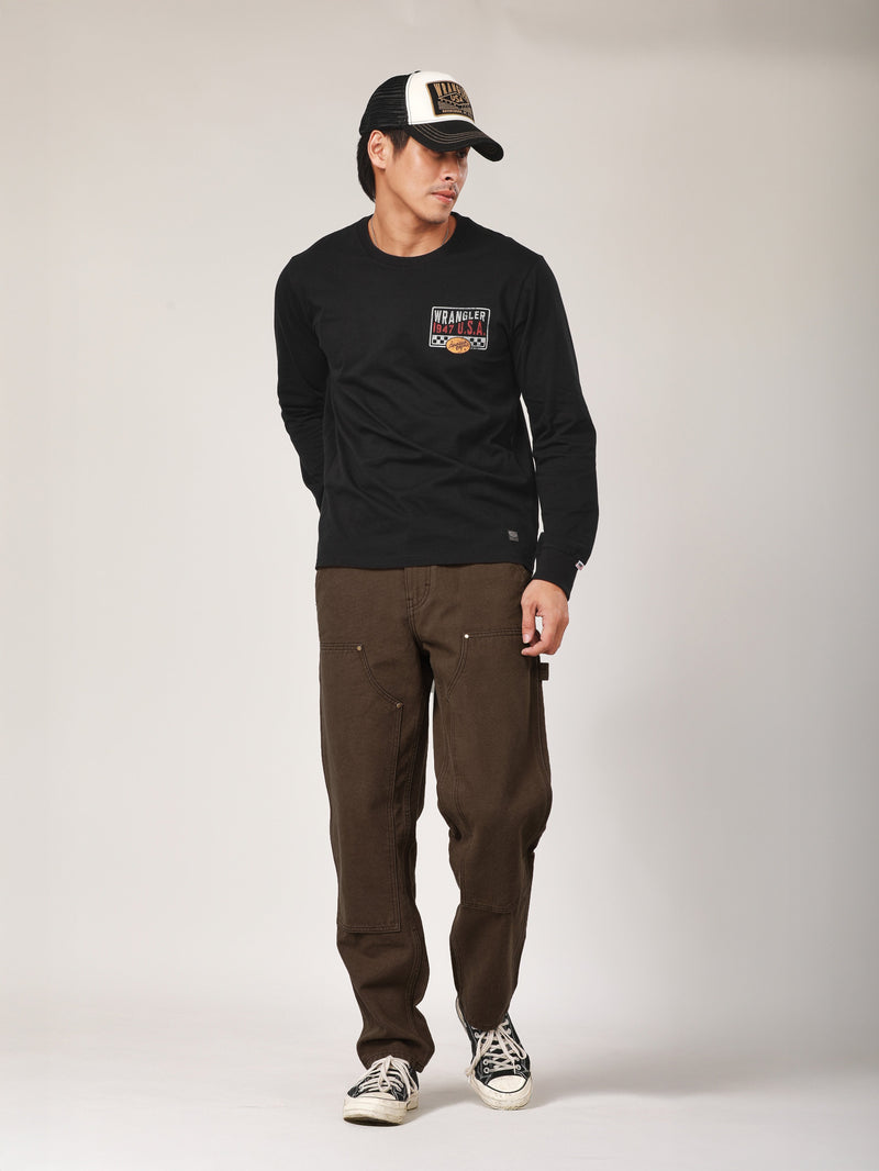 เสื้อยืดแขนยาวผู้ชาย คอลเลคชั่น BIKER LOOK ทรงตรง สีดำ