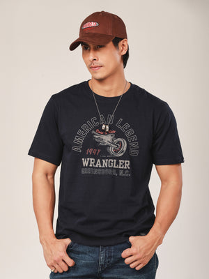 เสื้อยืดแขนสั้นผู้ชาย คอลเลคชั่น BIKER LOOK ทรงตรง สีกรมท่า