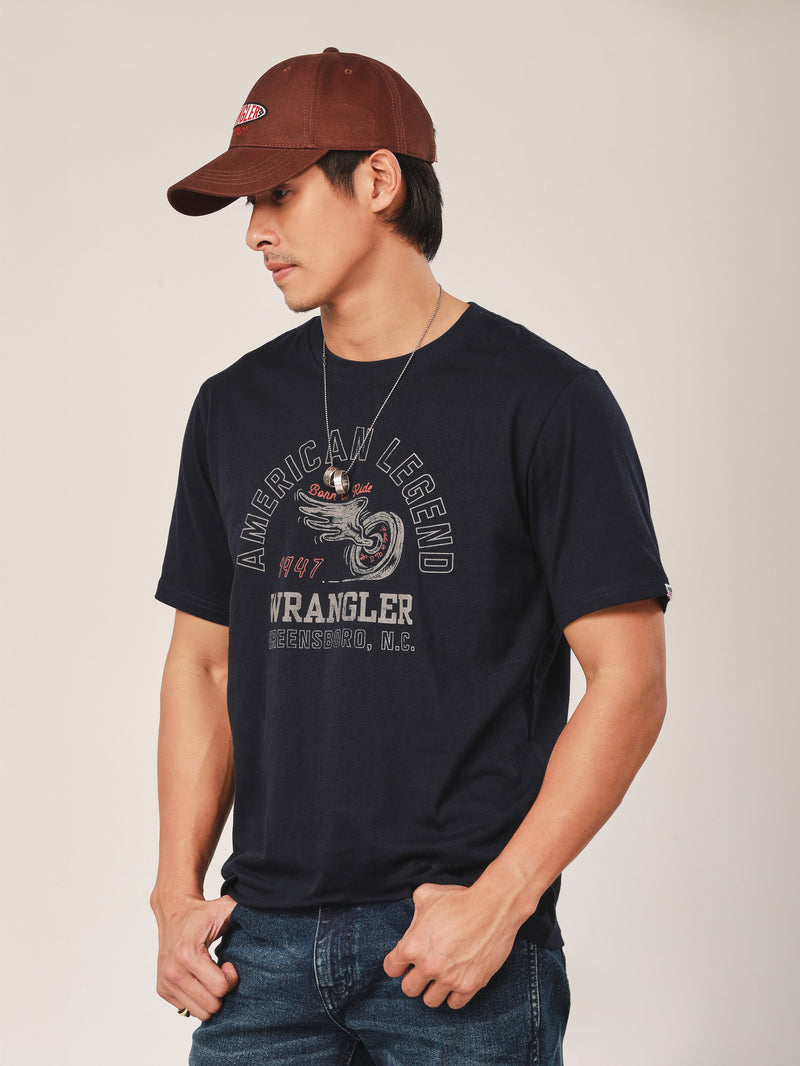 เสื้อยืดแขนสั้นผู้ชาย คอลเลคชั่น BIKER LOOK ทรงตรง สีกรมท่า