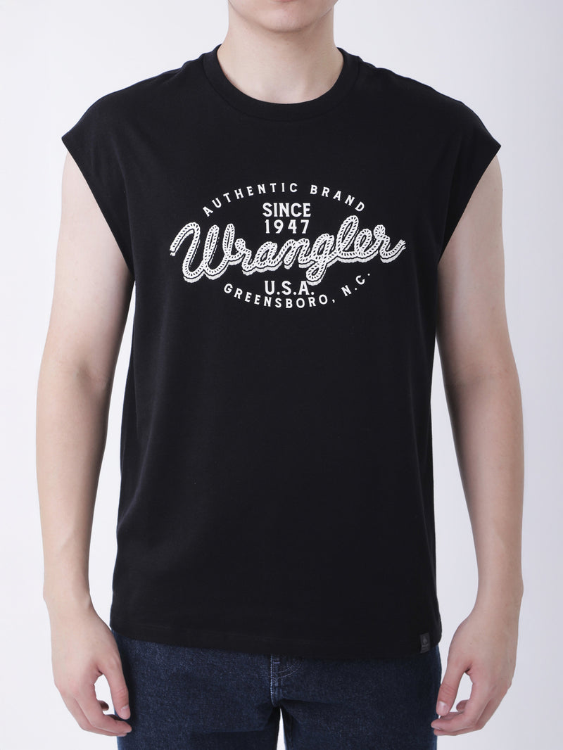 เสื่อยืดแขนกุดผู้ชาย ทรงตรง สีดำ