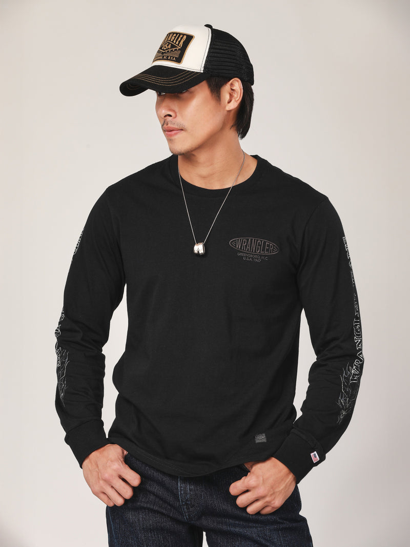 เสื้อยืดแขนยาวผู้ชาย คอลเลคชั่น BIKER LOOK ทรงตรง สีดำ