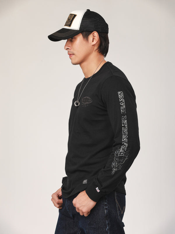 เสื้อยืดแขนยาวผู้ชาย คอลเลคชั่น BIKER LOOK ทรงตรง สีดำ