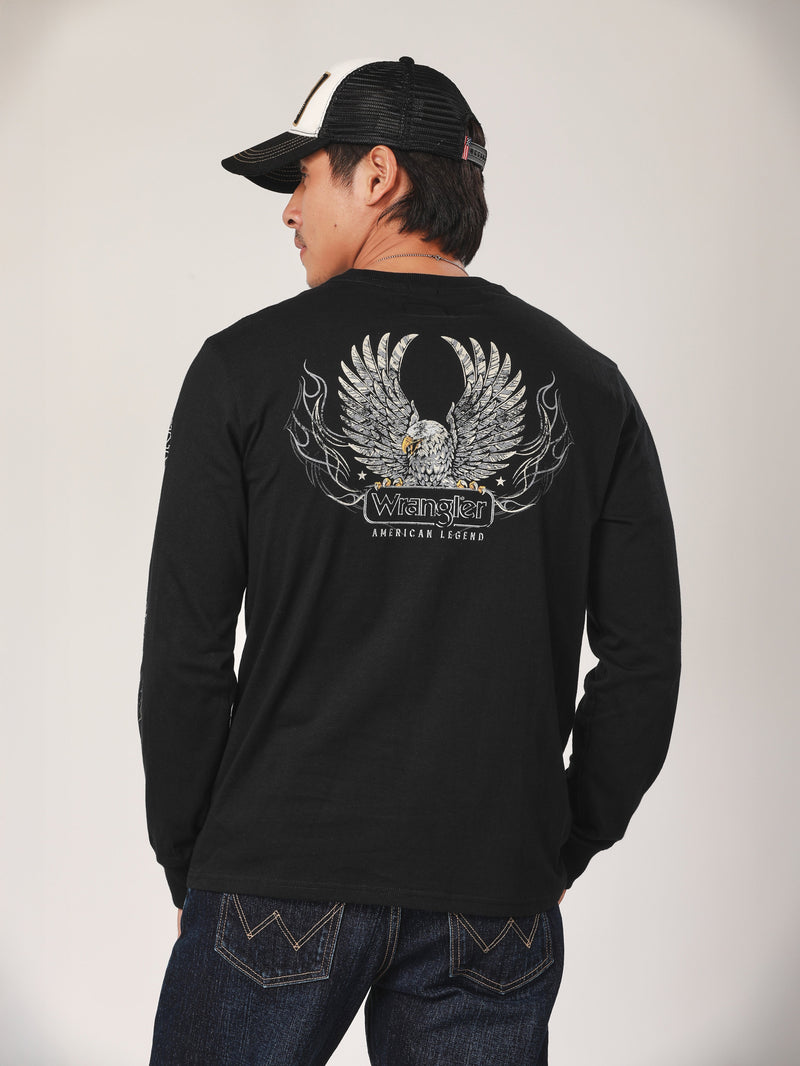 เสื้อยืดแขนยาวผู้ชาย คอลเลคชั่น BIKER LOOK ทรงตรง สีดำ