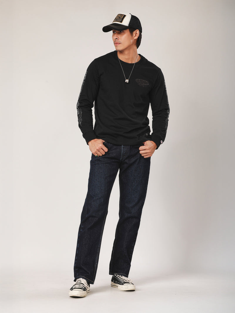 เสื้อยืดแขนยาวผู้ชาย คอลเลคชั่น BIKER LOOK ทรงตรง สีดำ