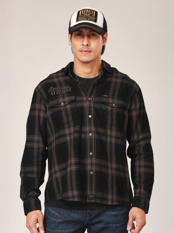 เสื้อเชิ้ตแขนยาวผู้ชาย คอลเลคชั่น BIKER LOOK ทรงตรง สีเทา