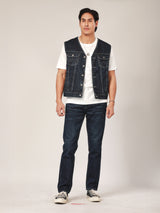 REGULAR FIT BIKER LOOK COLLECTION MEN'S DENIM VEST MID INDIGO