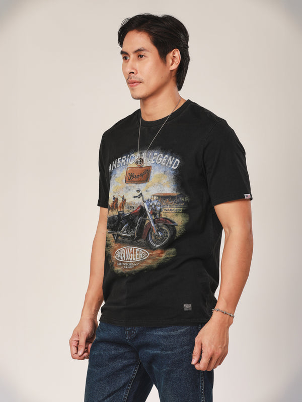 เสื้อยืดแขนสั้นผู้ชาย คอลเลคชั่น BIKER LOOK ทรงตรง สีดำ