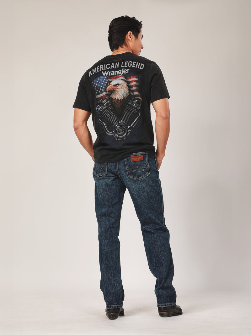 เสื้อยืดแขนสั้นผู้ชาย คอลเลคชั่น BIKER LOOK ทรงตรง สีดำ