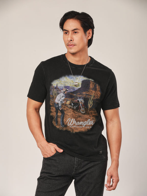 เสื้อยืดแขนสั้นผู้ชาย คอลเลคชั่น BIKER LOOK ทรงตรง สีดำ