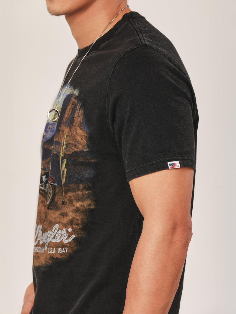 เสื้อยืดแขนสั้นผู้ชาย คอลเลคชั่น BIKER LOOK ทรงตรง สีดำ