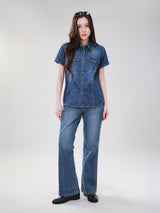 เสื้อเชิ้ตแขนสั้นผู้หญิง คอลเลคชั่น WRANGLER LEGENDS SLIM FIT สียีนส์กลาง