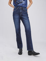 กางเกงยีนส์ผู้หญิง คอลเลคชั่น BEYOND DENIM STRAIGHT FIT เอวสูง ทรงเข้ารูป สียีนส์เข้ม