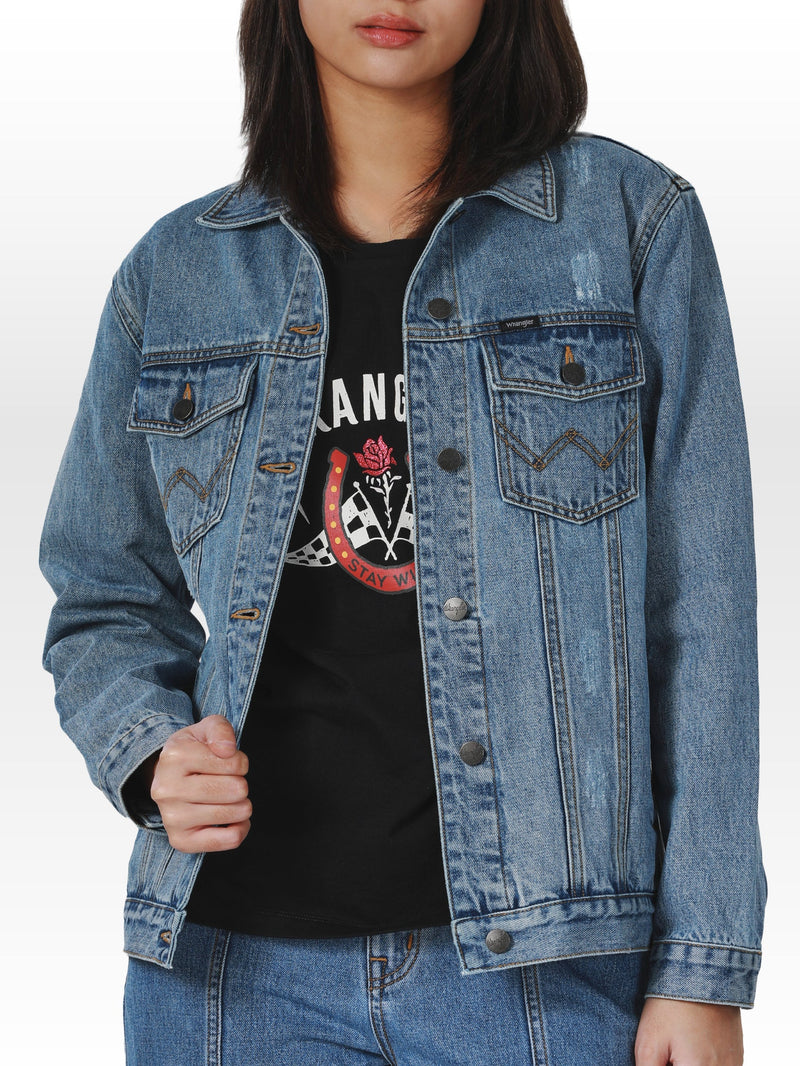 REGULAR FIT BIKER COLLECTION WOMEN'S DENIM JACKET MID INDIGO