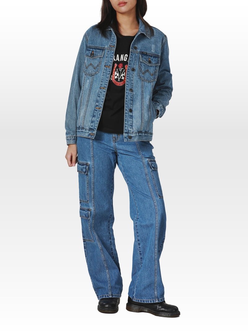 REGULAR FIT BIKER COLLECTION WOMEN'S DENIM JACKET MID INDIGO