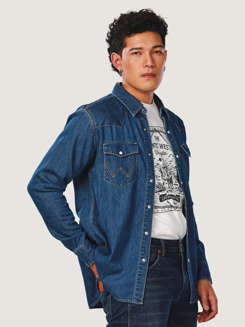 เสื้อเชิ้ตแขนยาวผู้ชาย คอลเลคชั่น EVERYDAY WITH WRANGLER ทรงตรง สียีนส์กลาง