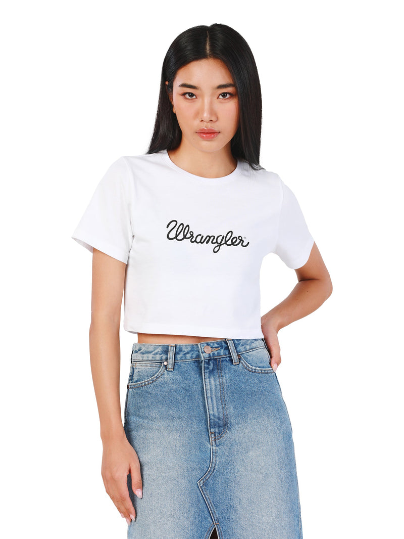 เสื้อยืดแขนสั้นผู้หญิง คอลเลคชั่น EVERYDAY WITH WRANGLER CROPPED FIT สีขาว