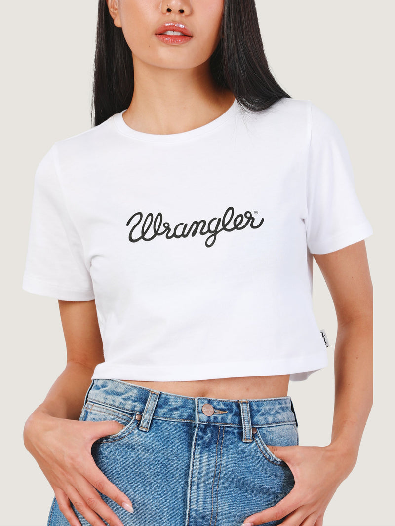 เสื้อยืดแขนสั้นผู้หญิง คอลเลคชั่น EVERYDAY WITH WRANGLER CROPPED FIT สีขาว