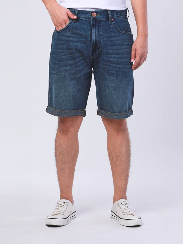 FRONTIER SHORTS FIT WRANGLER FOR ALL COLLECTION MID RISE COMFORT MEN'S DENIM SHORTS MID INDIGO