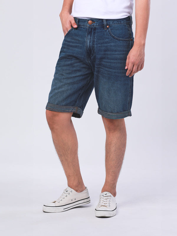 FRONTIER SHORTS FIT WRANGLER FOR ALL COLLECTION MID RISE COMFORT MEN'S DENIM SHORTS MID INDIGO