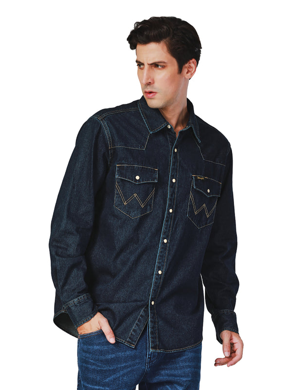 REGULAR FIT LEGEND OF WRANGLER COLLECTION MEN'S DENIM SHIRT LONG SLEEVES DARK INDIGO