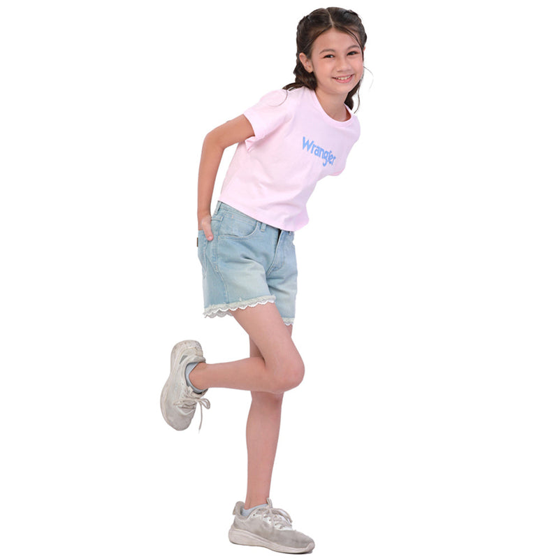 กางเกงขาสั้นเด็กผู้หญิง BROIDERIES ANGLAIS คอลเลคชั่น SHORTS FIT เอวกลาง สียีนส์