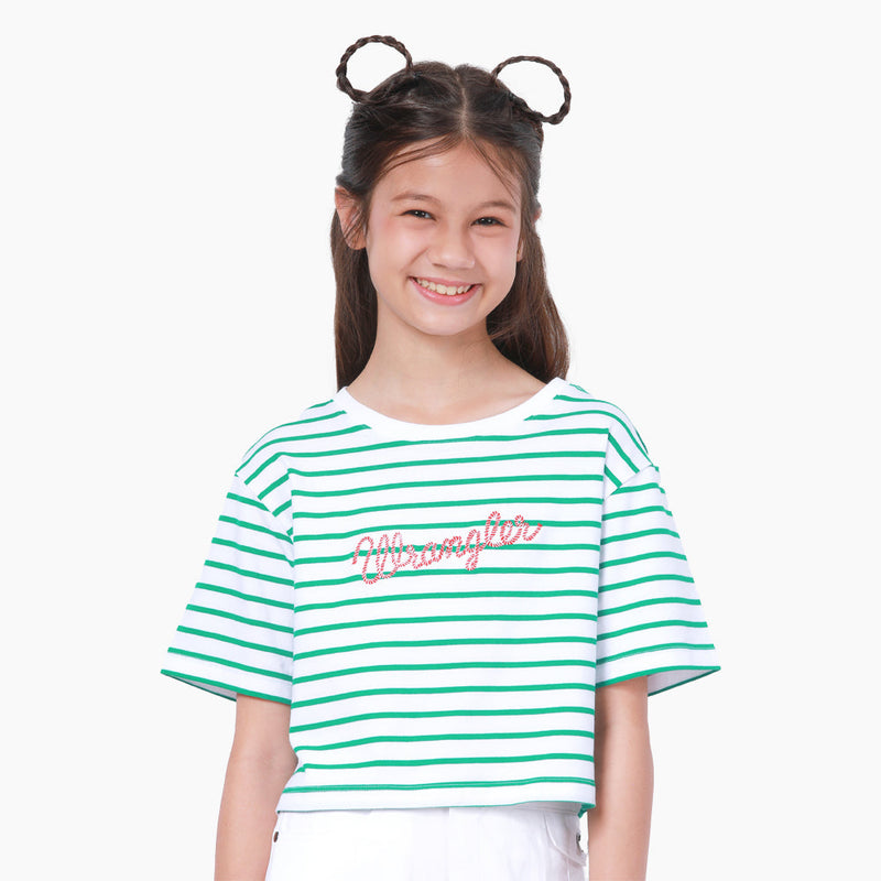 CROPPED FIT CELEBRATE COLLECTION GIRL'S TEE SHORT SLEEVE WHITE&GREEN